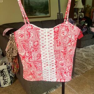Lilly Pulitzer Pink and White Printed Crochet-Trim Tank Top